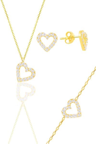 Gümüş altın yaldızlı zirkon taşlı kalp kolye,bileklik ve küpe üçlü set SGTL11885GOLD