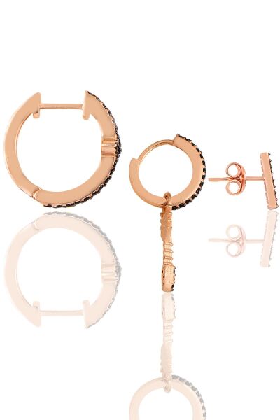 Gümüş rose siyah taşlı arrow Kombin Üçlü Küpe Seti SGTL11784ROSE