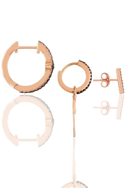 Gümüş rose siyah taşlı arrow Kombin Üçlü Küpe Seti SGTL11784ROSE