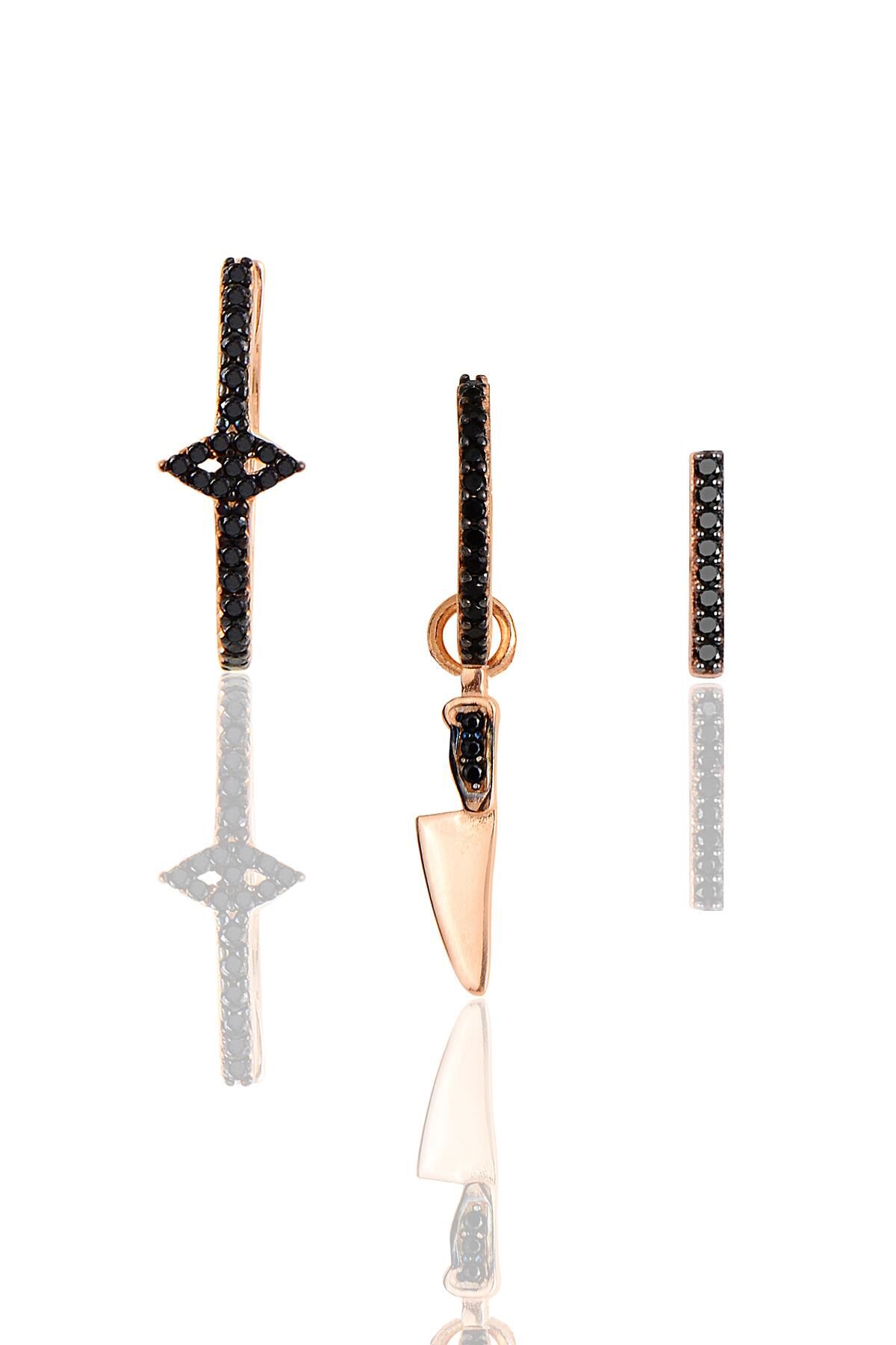 Gümüş rose siyah taşlı arrow Kombin Üçlü Küpe Seti SGTL11784ROSE