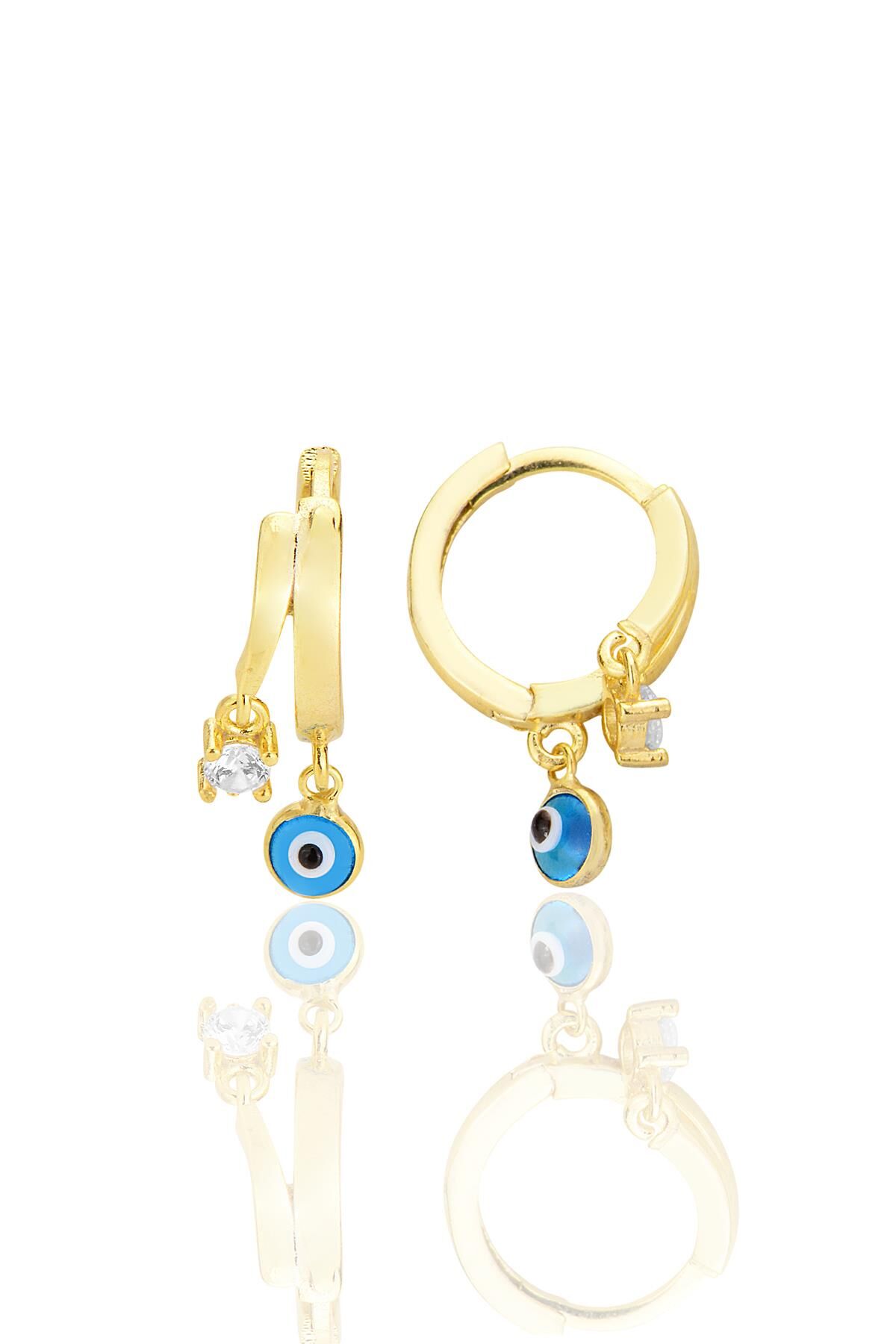 Gümüş altın yaldızlı zirkon taşlı nazarlı halka küpe SGTL12706GOLD