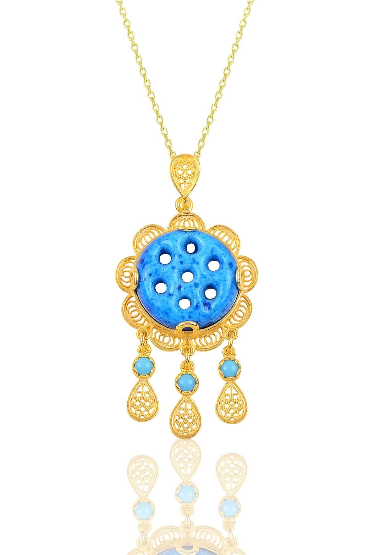 Gümüş gold yedi delikli telkari süryani nazar boncuğu kolye SGTL10240GOLD