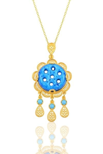 Gümüş gold yedi delikli telkari süryani nazar boncuğu kolye SGTL10240GOLD