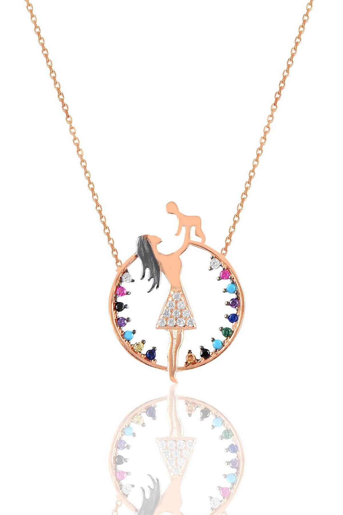 Gümüş rose renkli taşlı anne bebek kolye SGTL10964ROSE