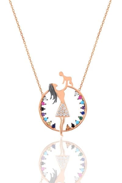 Gümüş rose renkli taşlı anne bebek kolye SGTL10964ROSE