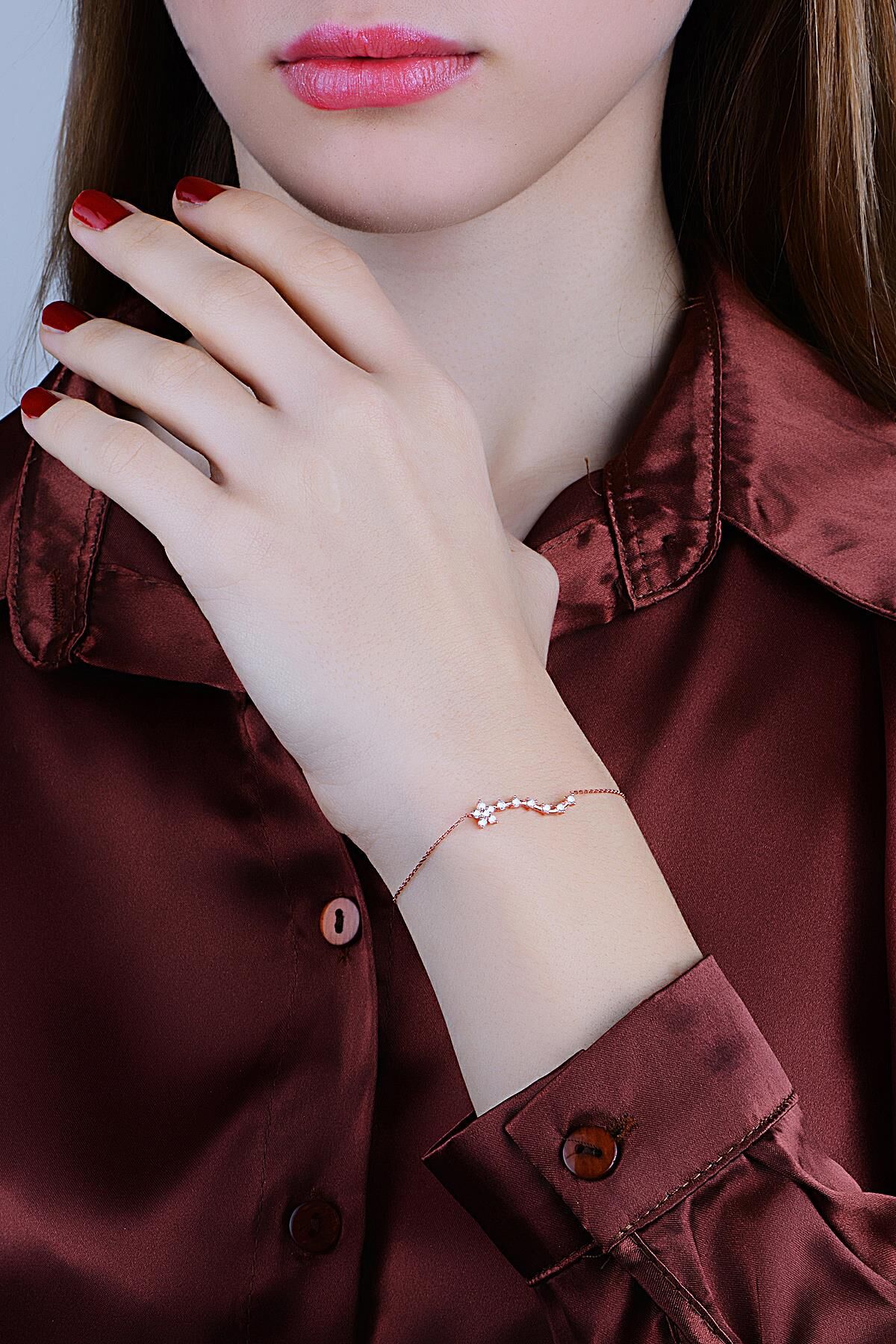 Gümüş rose zirkon sıra taşlı çiçek bileklik SGTL11979ROSE