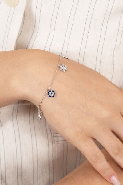 925 ayar gümüş bileklik rodyumlu zirkon taşlı nazar boncuklu şans bilekliği SGTL13172RODAJ