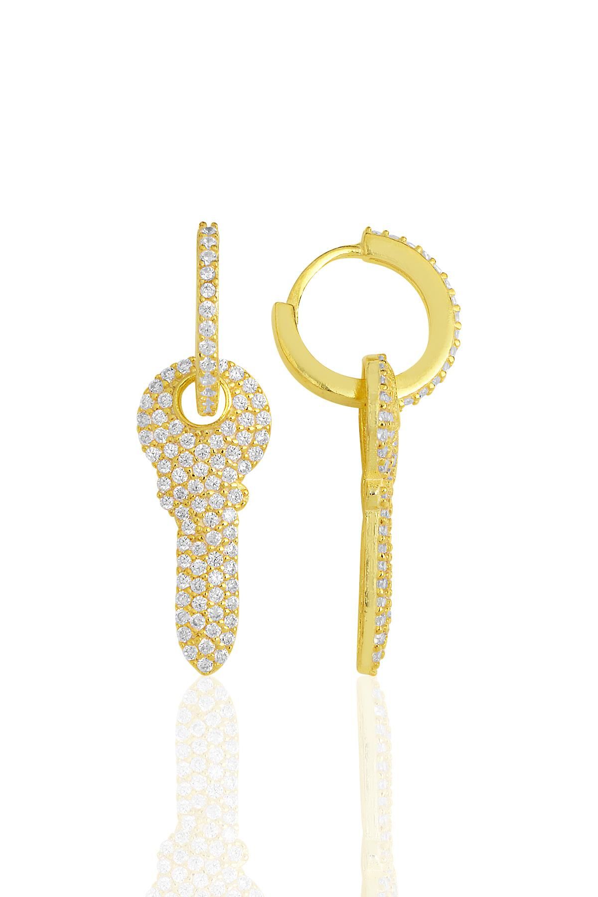 Gümüş altın yaldızlı zirkon taşlı anahtar küpe SGTL11621GOLD