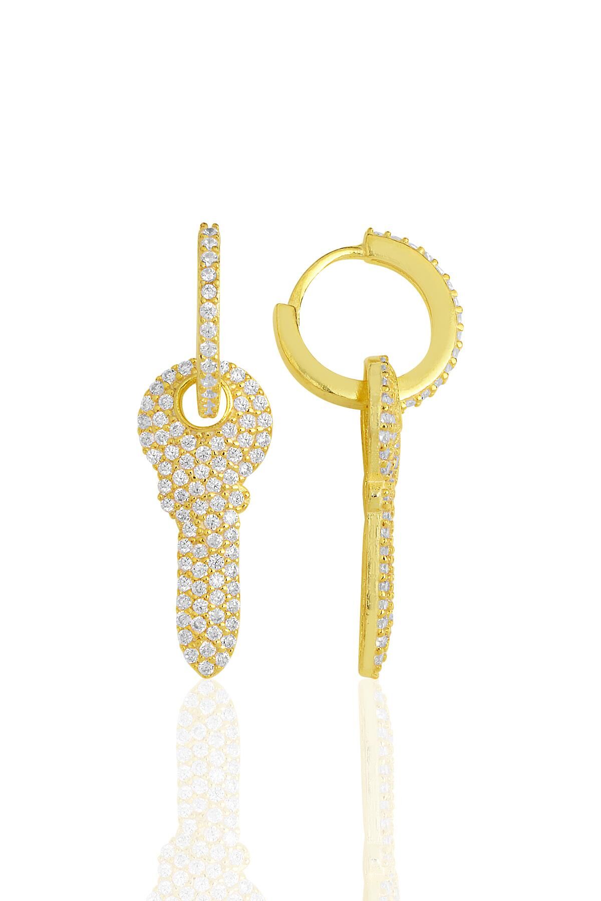 Gümüş altın yaldızlı zirkon taşlı anahtar küpe SGTL11621GOLD