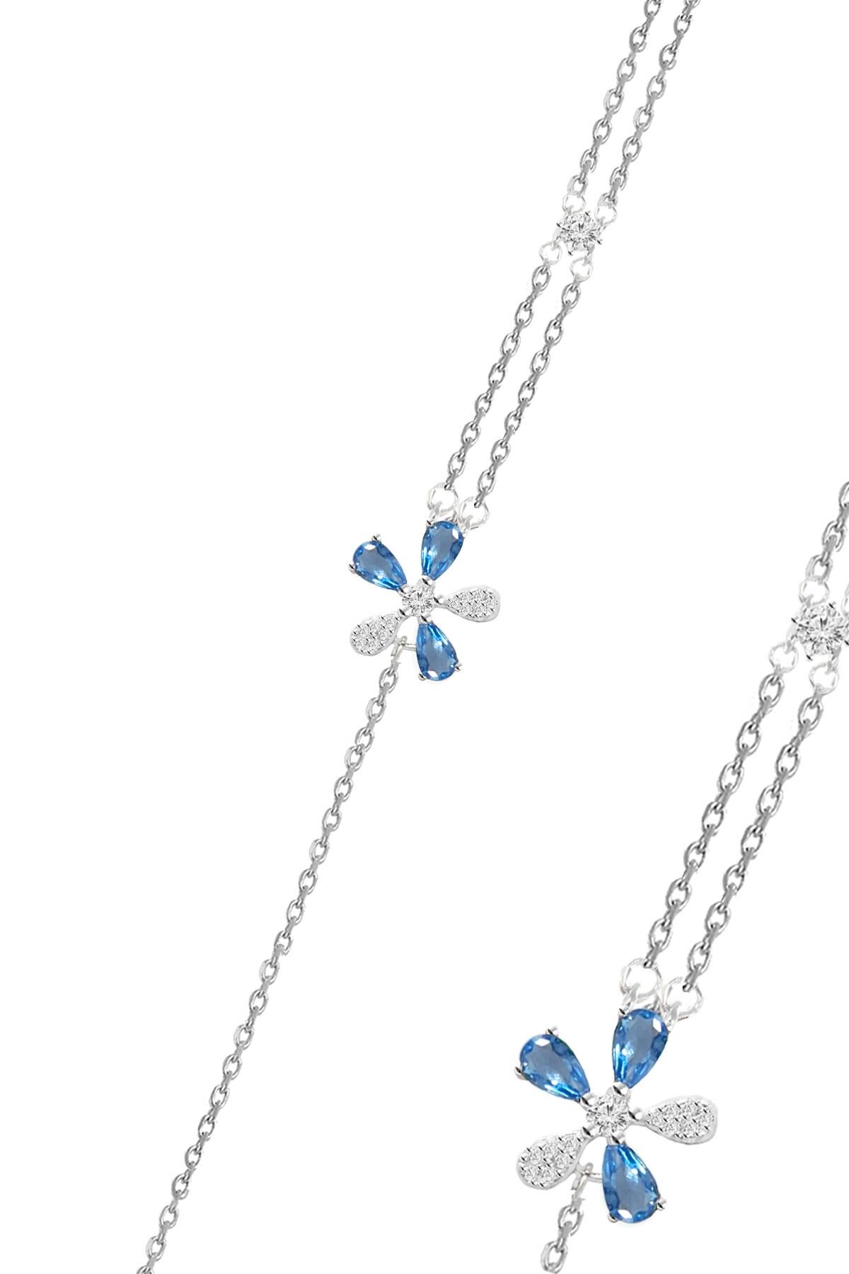 Gümüş rodyumlu akuamarin ve zirkon taşlı  parıltılı çiçek bileklik SGTL12641MAVI