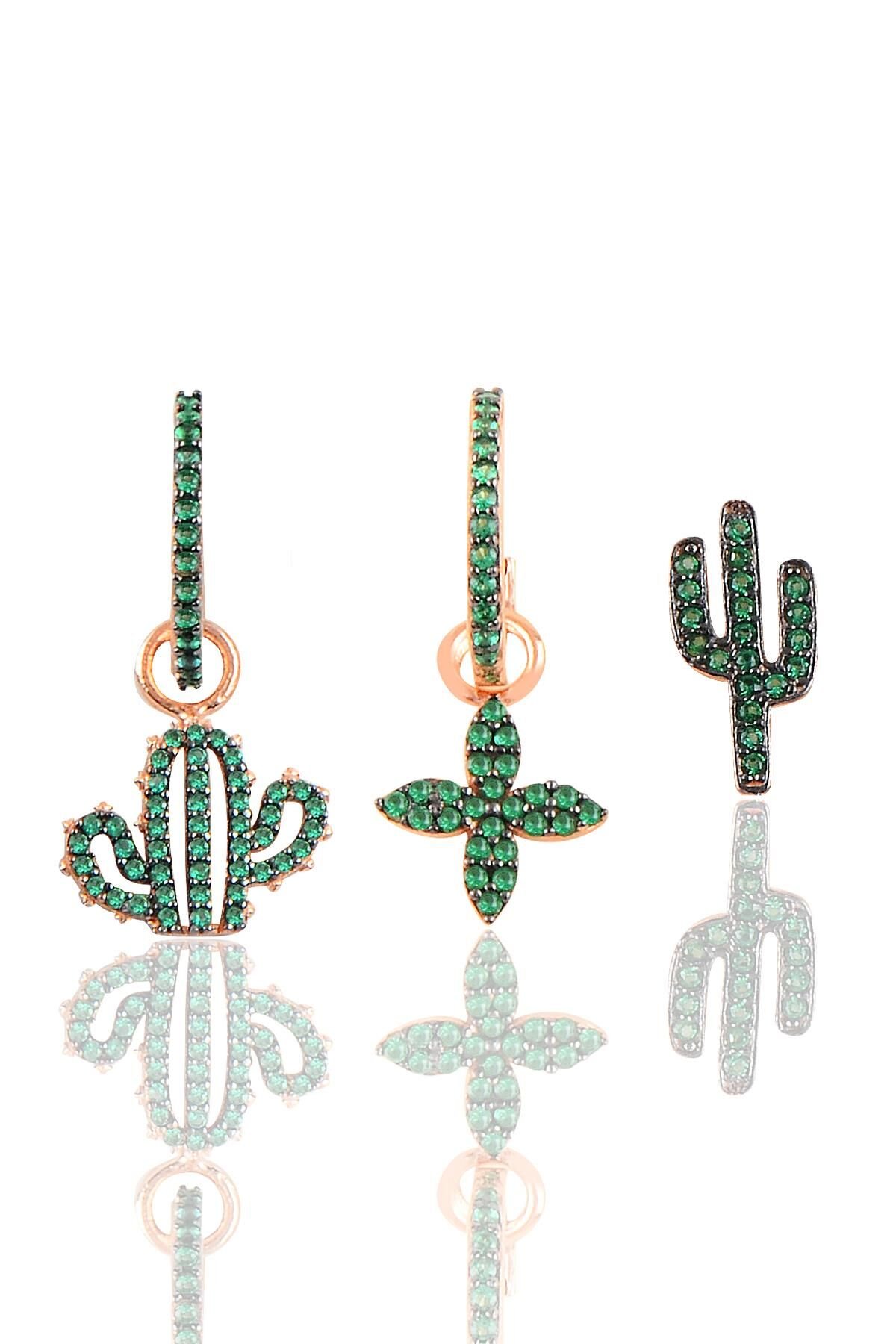 Gümüş rose yeşil taşlı yonca ve kaktüslü Kombin Üçlü Küpe Seti SGTL11782ROSE