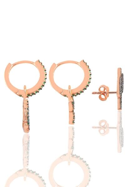 Gümüş rose yeşil taşlı yonca ve kaktüslü Kombin Üçlü Küpe Seti SGTL11782ROSE