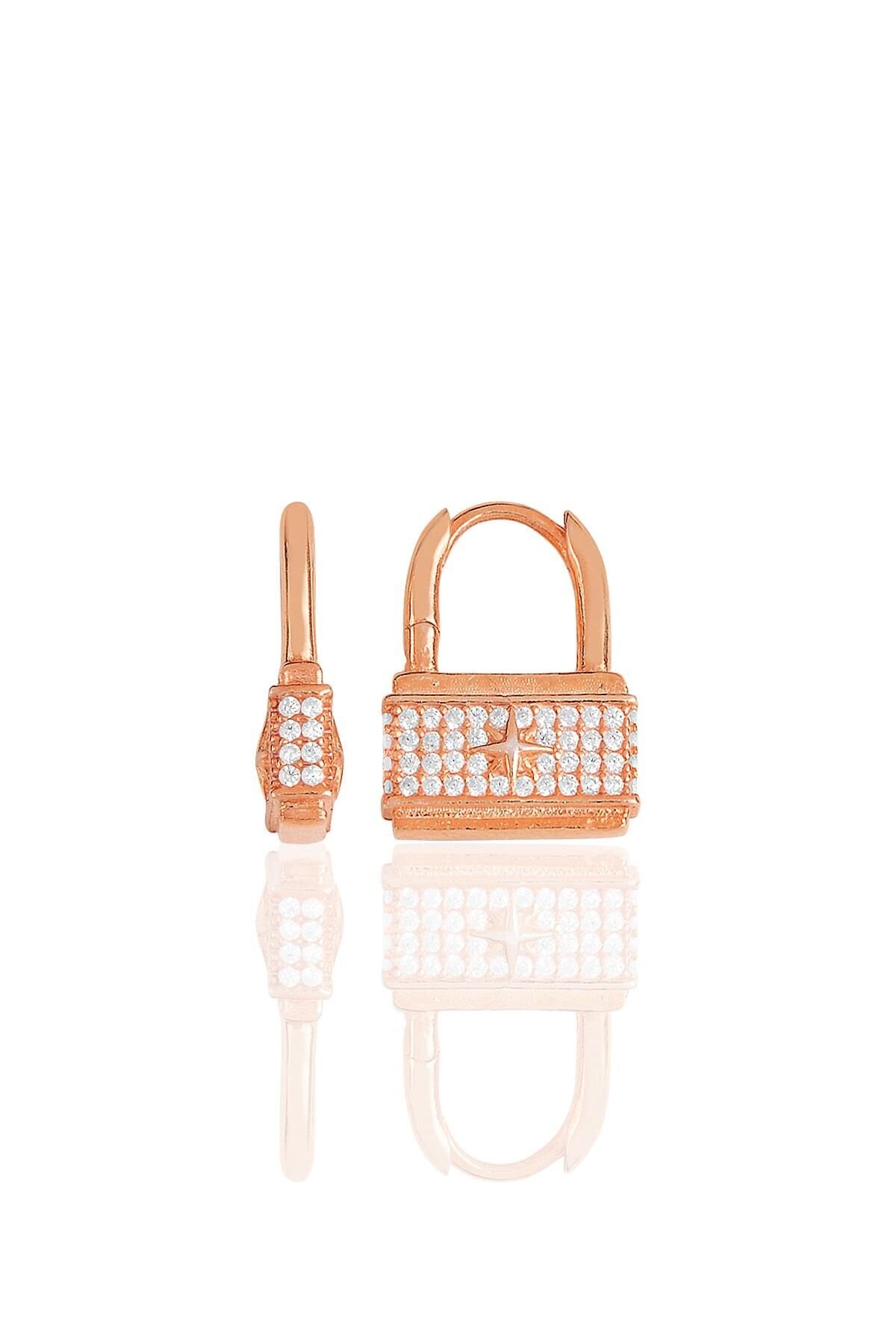 Gümüş rose zirkon taşlı özel tasarım kilit küpe. SGTL11487ROSE