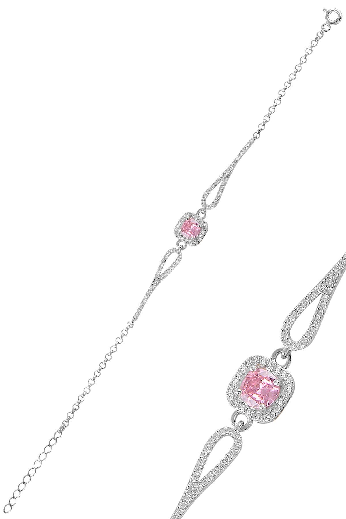 Gümüş rodyumlu pırlanta modeli pembe zirkon  taşlı  kare  bileklik  SGTL11310PEMBE