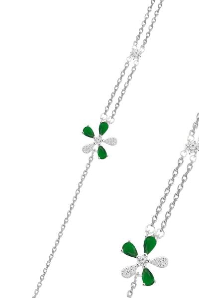 Gümüş rodyumlu yeşil zirkon taşlı  parıltılı çiçek bileklik SGTL12641YESIL