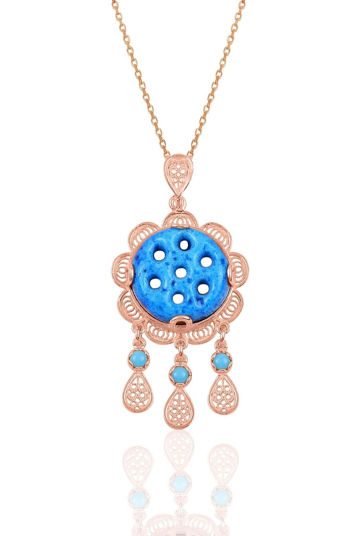 Gümüş rose yedi delikli telkari süryani nazar boncuğu kolye SGTL10240ROSE