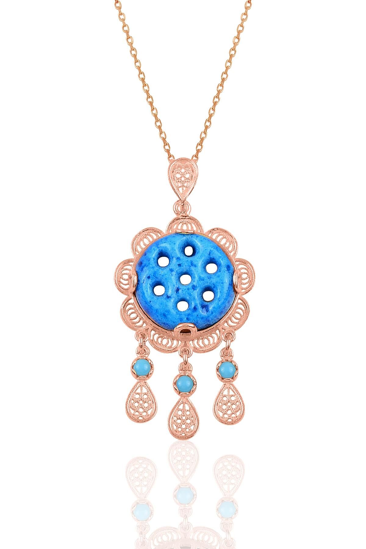 Gümüş rose yedi delikli telkari süryani nazar boncuğu kolye SGTL10240ROSE