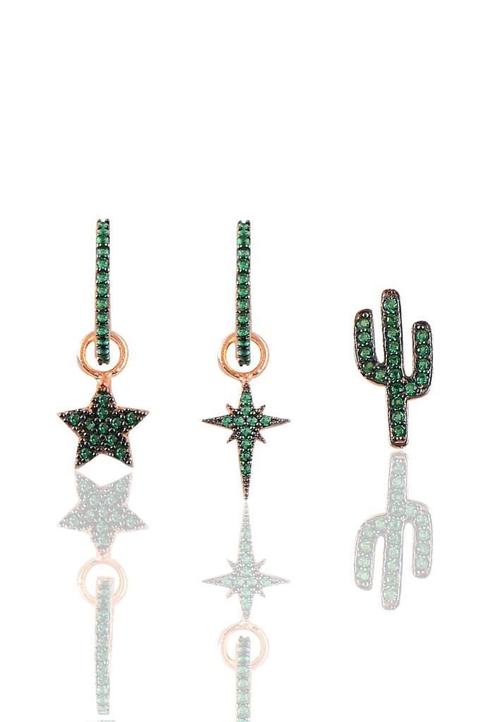 Gümüş rose yeşil taşlı kaktüs,kutup ve deniz yıldızı  Kombin Üçlü Küpe Seti SGTL11781ROSE