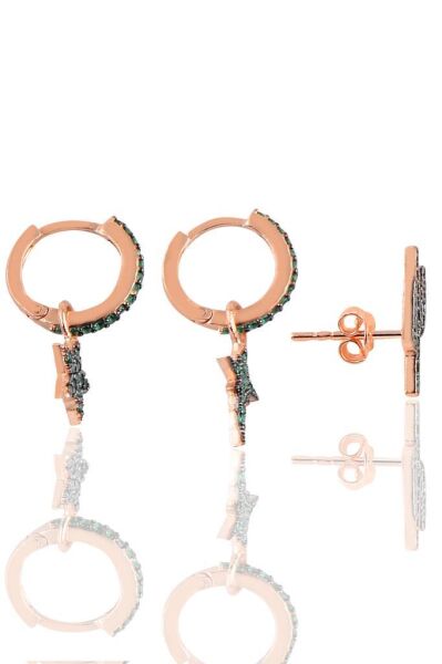 Gümüş rose yeşil taşlı kaktüs,kutup ve deniz yıldızı  Kombin Üçlü Küpe Seti SGTL11781ROSE