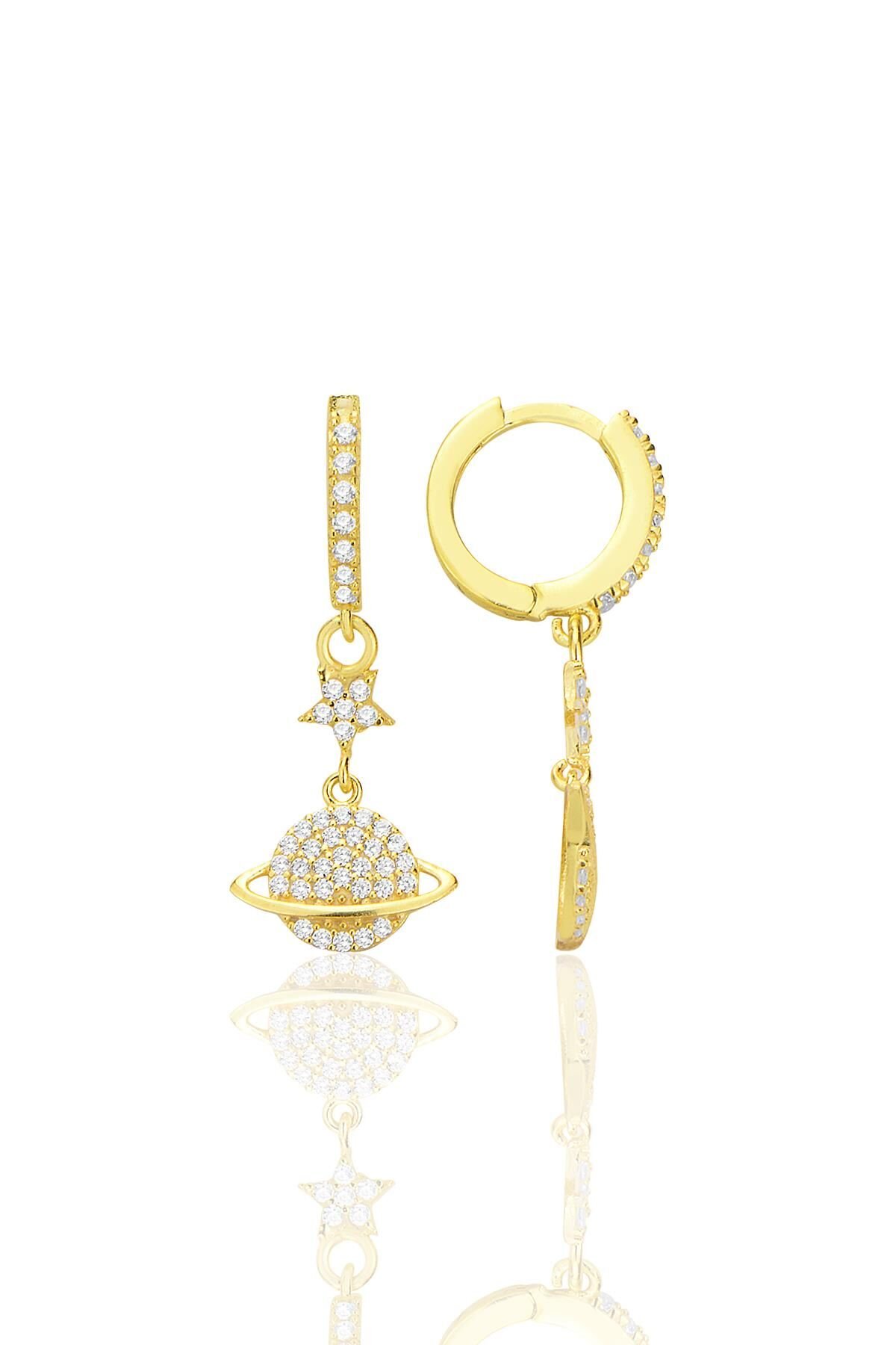 Gümüş altın yaldızlı zirkon taşlı yıldızlı satürn gezegen küpe SGTL12707GOLD