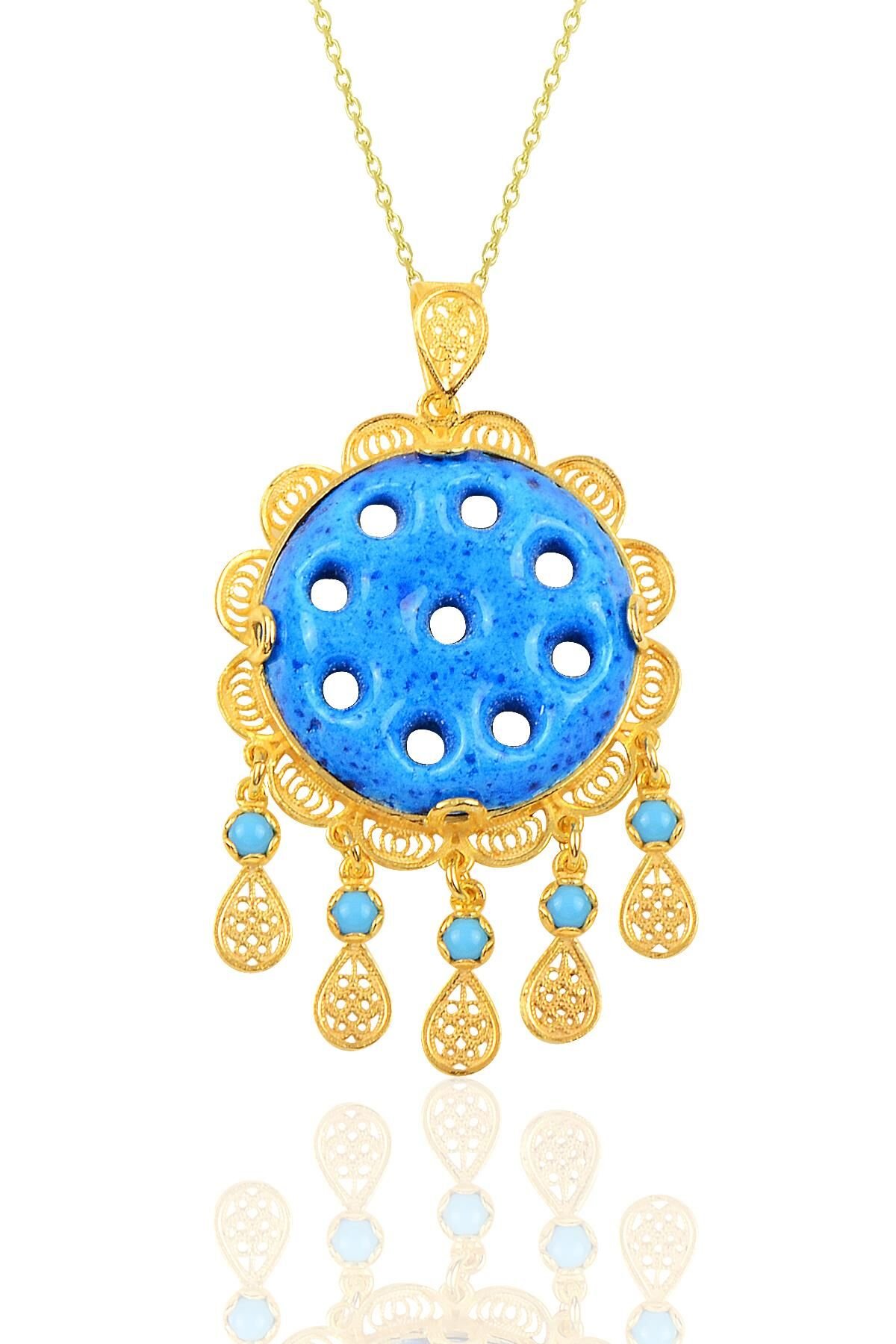 Gümüş gold dokuz delikli telkari süryani nazar boncuğu kolye SGTL10241GOLD