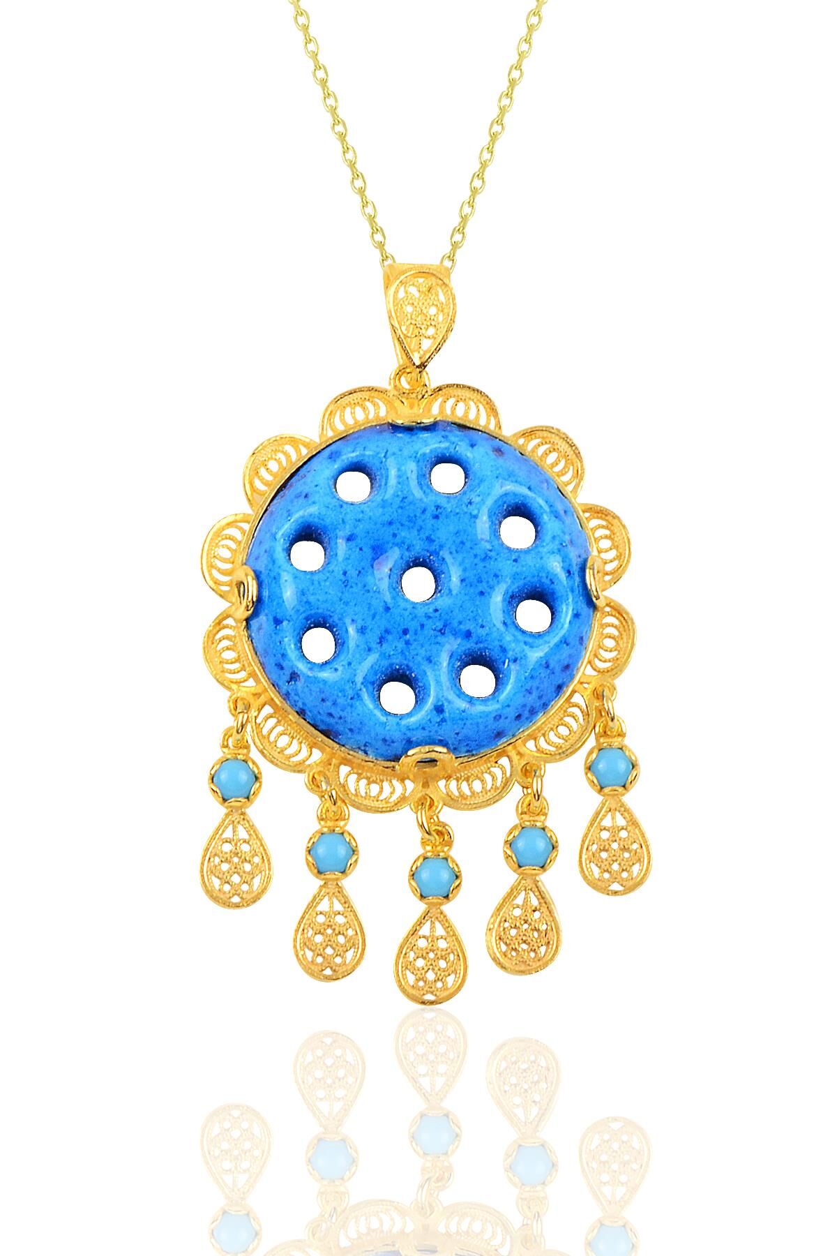 Gümüş gold dokuz delikli telkari süryani nazar boncuğu kolye SGTL10241GOLD