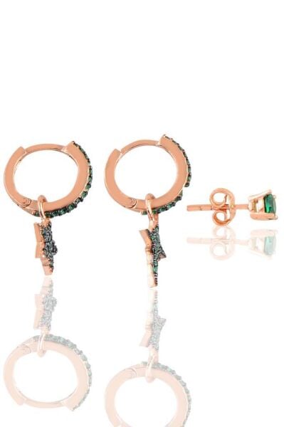 Gümüş rose yeşil taşlı kutup ve deniz yıldızı Kombin Üçlü Küpe Seti SGTL11780ROSE