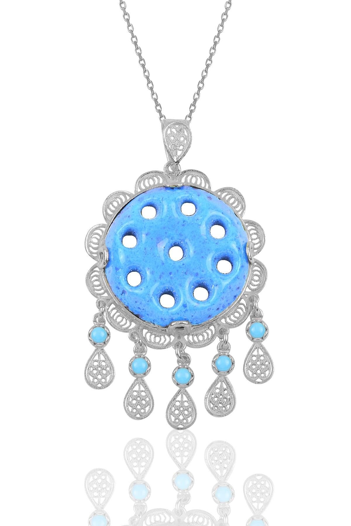 Gümüş dokuz delikli telkari süryani nazar boncuğu kolye SGTL10241RODAJ