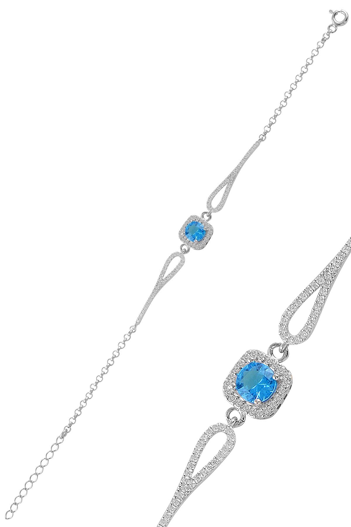 Gümüş rodyumlu  pırlanta modeli akuamarin zirkon taşlı kare  bileklik  SGTL11310MAVI