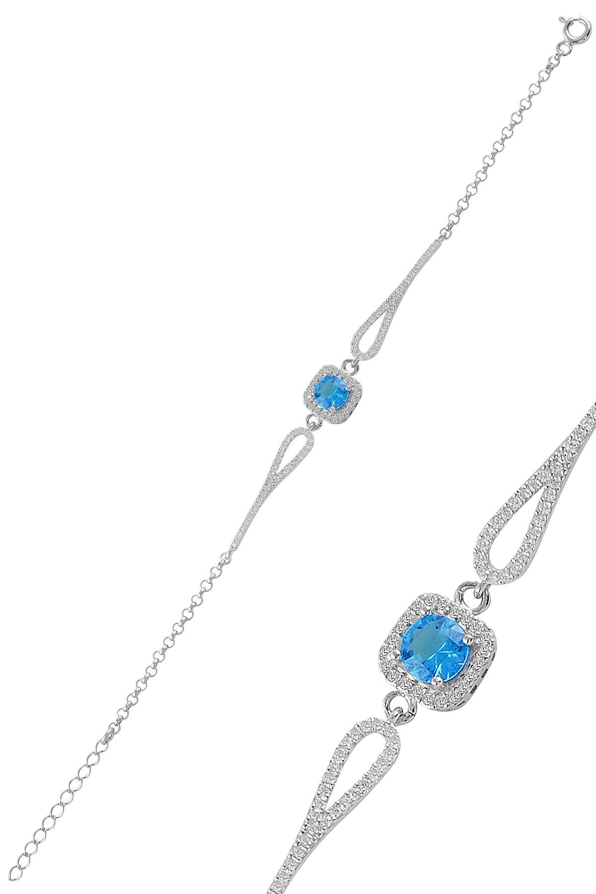 Gümüş rodyumlu  pırlanta modeli akuamarin zirkon taşlı kare  bileklik  SGTL11310MAVI