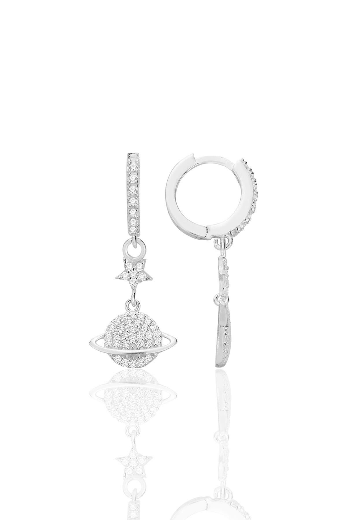 Gümüş rodyumlu zirkon taşlı yıldızlı satürn gezegen küpe SGTL12707RODAJ