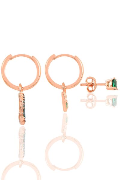 Gümüş rose yeşil taşlı kaktüslü Kombin Üçlü Küpe Seti SGTL11779ROSE