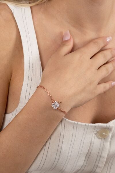 925 ayar gümüş bileklik rose zirkon taşlı çift zincirli yonca bileklik SGTL13174BEYAZ