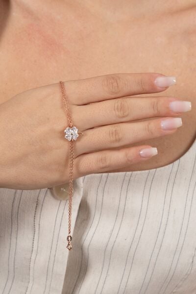 925 ayar gümüş bileklik rose zirkon taşlı çift zincirli yonca bileklik SGTL13174BEYAZ