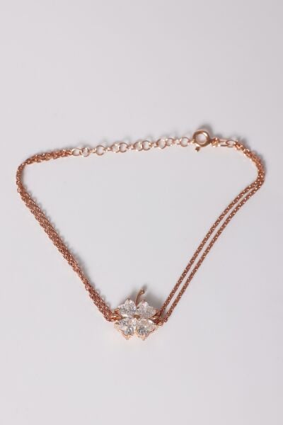 925 ayar gümüş bileklik rose zirkon taşlı çift zincirli yonca bileklik SGTL13174BEYAZ