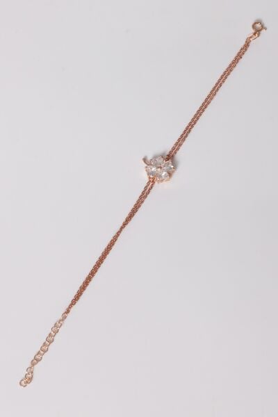 925 ayar gümüş bileklik rose zirkon taşlı çift zincirli yonca bileklik SGTL13174BEYAZ