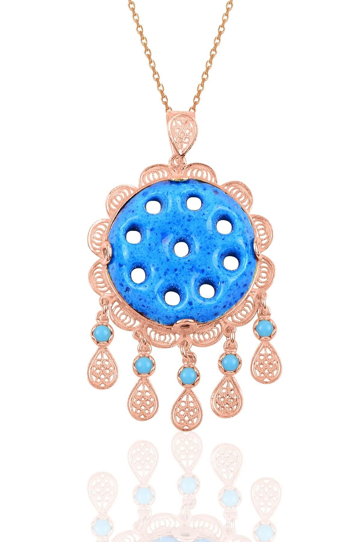 Gümüş rose dokuz delikli telkari süryani nazar boncuğu kolye SGTL10241ROSE