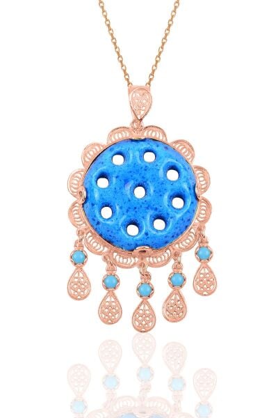 Gümüş rose dokuz delikli telkari süryani nazar boncuğu kolye SGTL10241ROSE