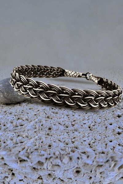 Gümüş tamamen el işçiliği kazaziye işlemeli örgülü erkek bileklik SGTL11987