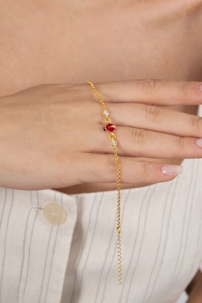 925 ayar gümüş bileklik altın yaldızlı zirkon taşlı kırmızı mineli uğur böceği çocuk bileklik SGTL13175GOLD