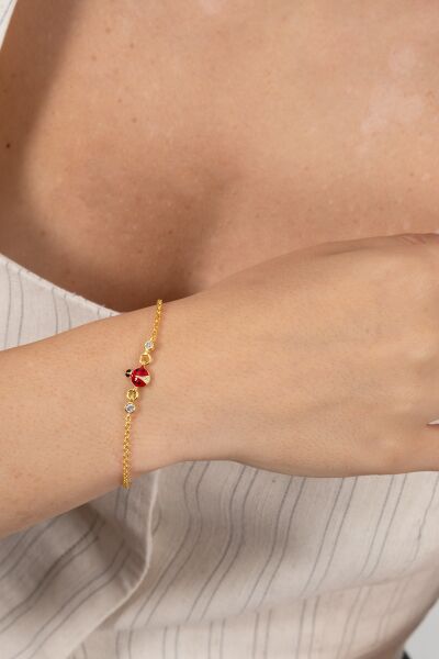 925 ayar gümüş bileklik altın yaldızlı zirkon taşlı kırmızı mineli uğur böceği çocuk bileklik SGTL13175GOLD