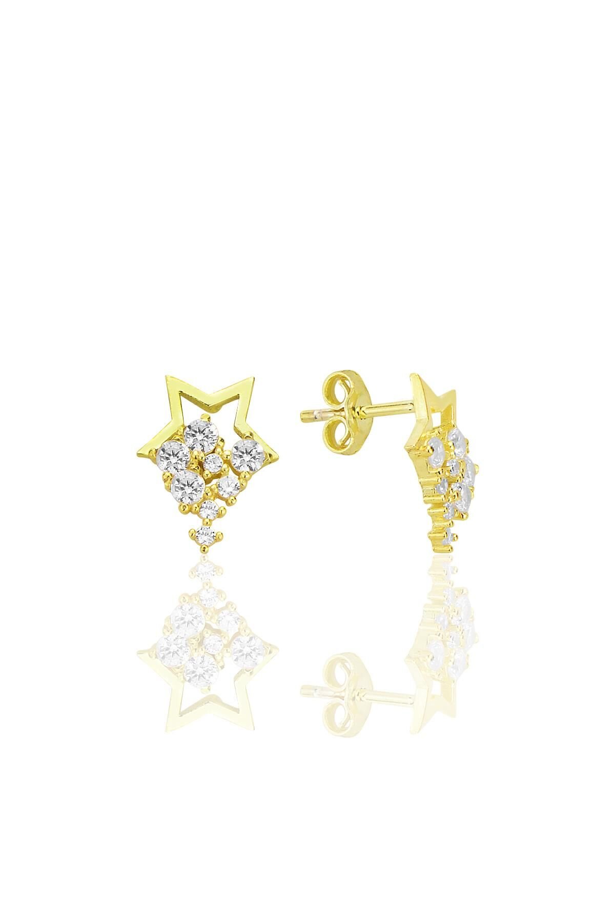 Gümüş altın yaldızlı zirkon taşlı yıldız yağmuru küpe SGTL12708GOLD