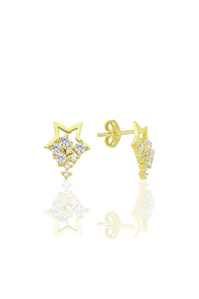Gümüş altın yaldızlı zirkon taşlı yıldız yağmuru küpe SGTL12708GOLD