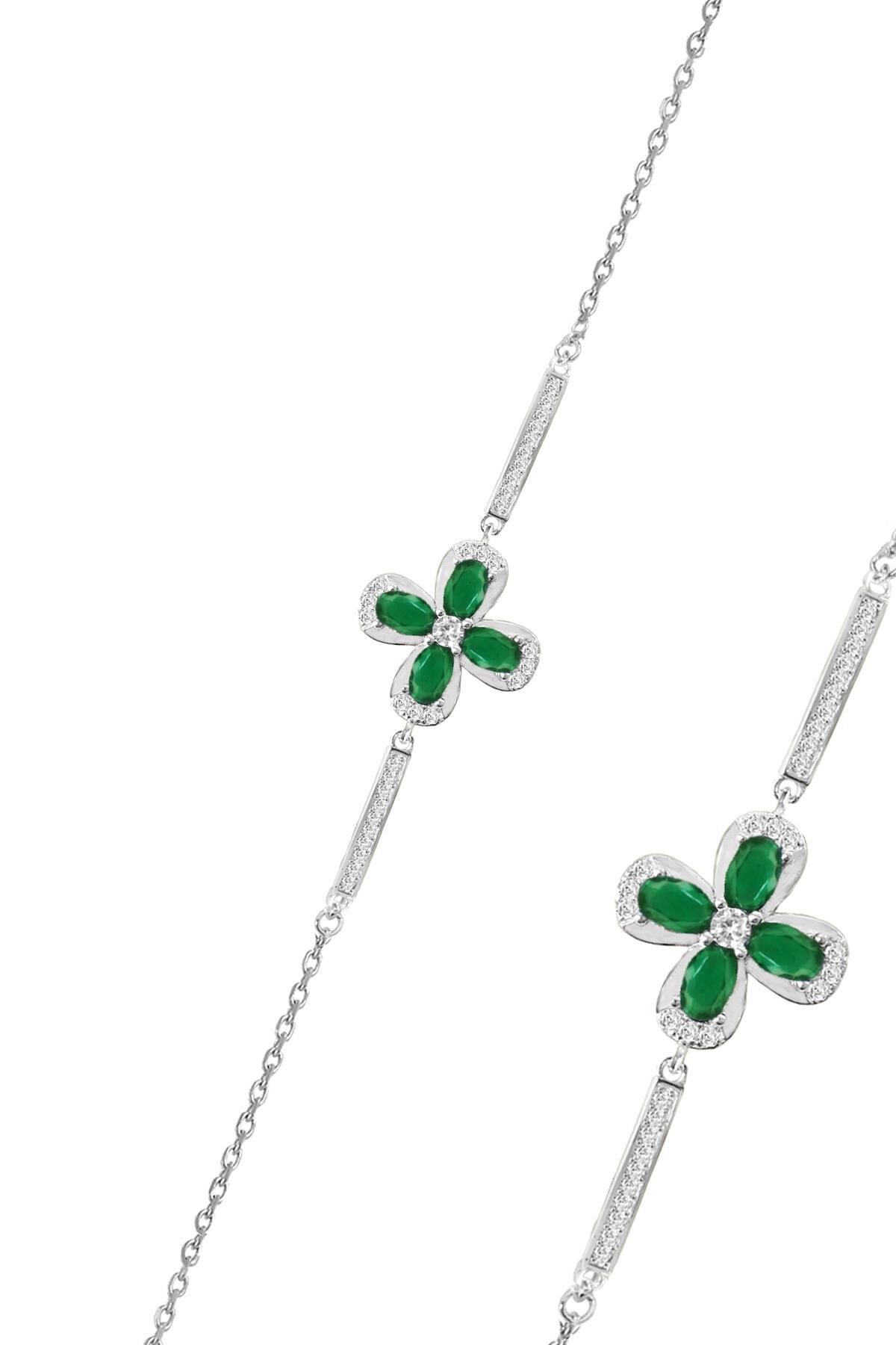 Gümüş rodyumlu yeşil zirkon taşlı şansın gücü yonca bileklik SGTL12642YESIL