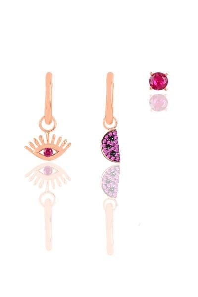 Gümüş rose fuşya taşlı Kombin Üçlü Küpe Seti SGTL11777ROSE