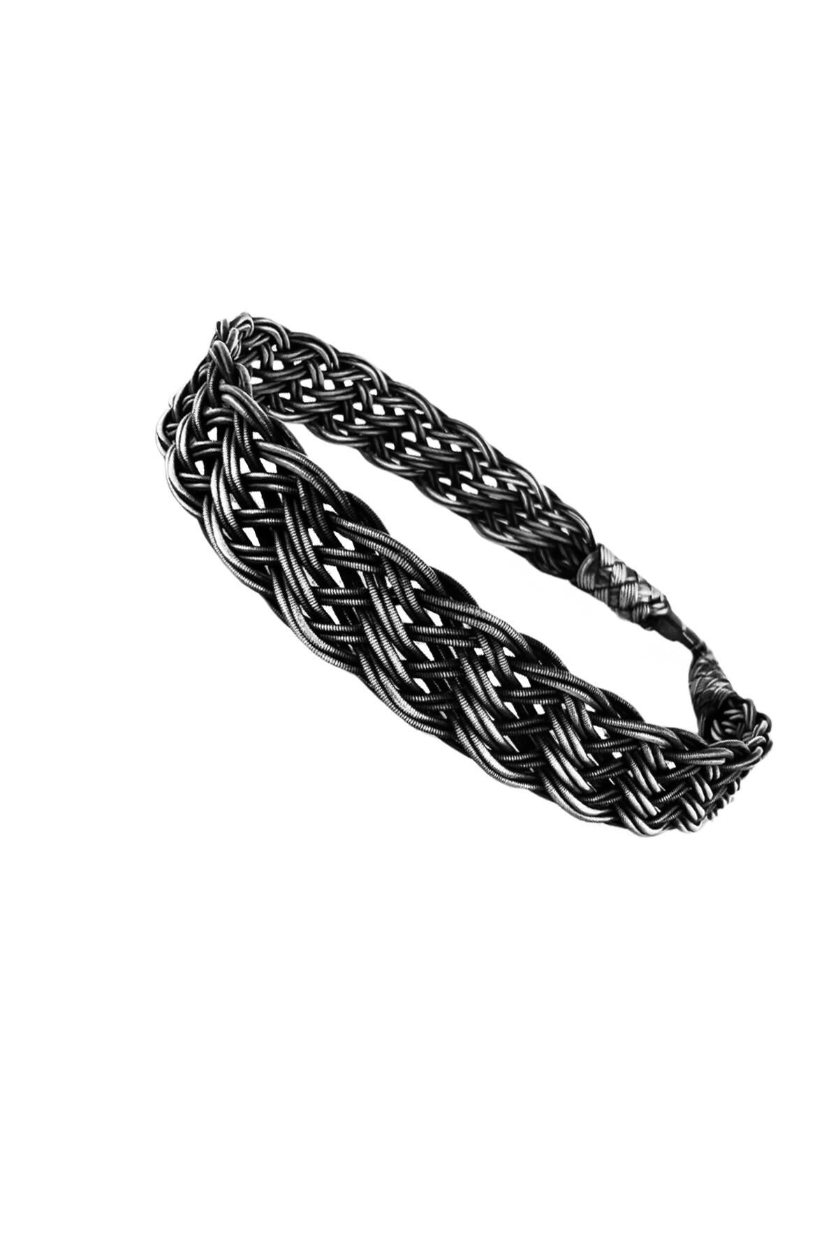 Gümüş tamamen el işçiliği kazaziye işlemeli örgülü erkek bileklik SGTL11988