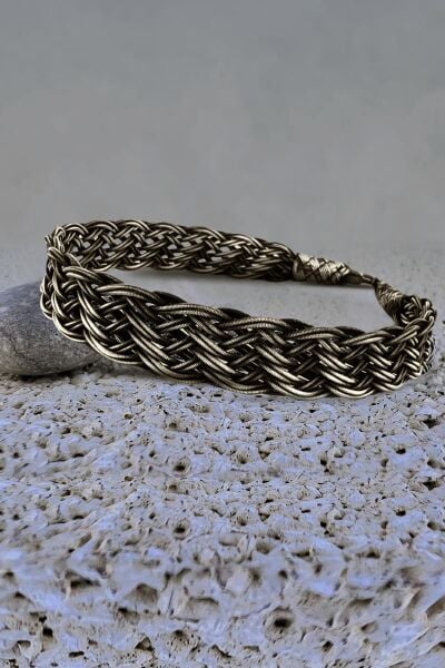 Gümüş tamamen el işçiliği kazaziye işlemeli örgülü erkek bileklik SGTL11988