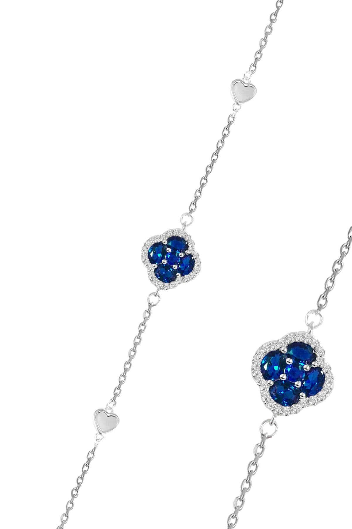 Gümüş rodyumlu sedef,safir ve zirkon taşlı şanslı kalpler yonca bileklik SGTL12643LACIVERT