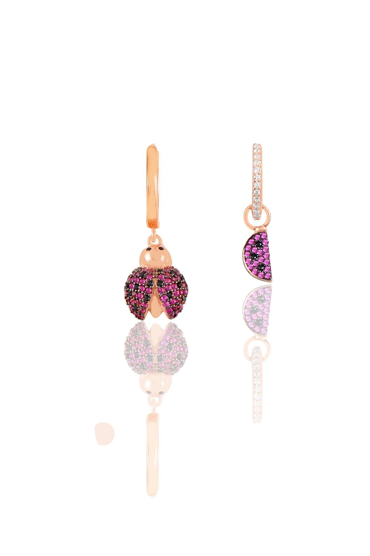 Gümüş rose zirkon taşlı uğur böceği kombin küpe SGTL11776ROSE