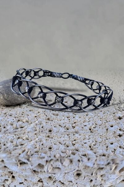 Gümüş tamamen el işçiliği kazaziye işlemeli örgülü erkek bileklik SGTL11989